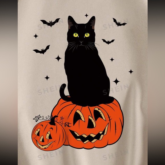 New Plus Halloween Black Cat Orange Pumpkin Print Thermal Lined Cream Sweatshirt - Picture 4 of 11